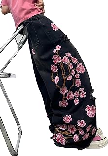 Men's Hip Hop Baggy Jeans Embroidered Wide Leg Skater Jeans Loose Fit Denim Pants Streetwear