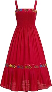 Womens Cinco De Mayo Fiesta Mexican Traditional Folk Floral Embroidery Dress Adjustable Spaghetti Straps