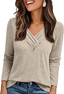 Womens Long Sleeve Tunic Top V Neck Button Shirts 2026 Dressy Casual Business Blouses