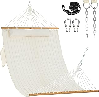 Lazy Daze Hammocks 10.5FT 2 Person Double Quilted Fabric Hammock with Spreader Bar, Detachable Pillow, Side Pocket, Carabiners, Chains, Straps for Outdoor, 450lbs Capacity, Natural