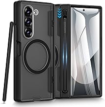 Caka for Samsung Galaxy Z Fold 5 Case [Thinner S Pen Holder Slot] [Magnetic Charging] [Hinge Protection] [Built-in Screen Protector] Translucent Hard Shockproof Magnet Phone Cover for Zfold 5 - Black