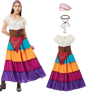 2PCS Mexican Dress for Women Traditional Gypsy Costume Boho Skirt with Strap Necklace Cinco De Mayo Outfit