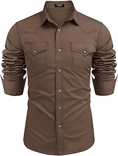 Men's Western Cowboy Shirts Long Sleeve Cotton Casual Button Down Work Shirt with Pockets