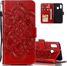 LEECOCO for Samsung A10E Case Mandala Embossing Luxury PU Leather Flip Notebook Wallet Bookstyle Magnetic Stand Card Slot Folio Bumper Protection Cover for Samsung Galaxy A10E / A20E Mandala Red LD