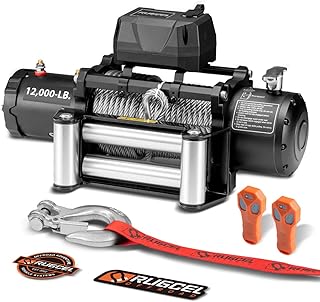 RUGCEL 12000lb Waterproof Electric Winch – 12V Steel Rope (85ft) with Roller Fairlead, IP67 Rated, 2 Infrared Remotes + Wired Handle, for Truck & Wrangler