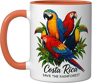 Costa Rica Save The Rainforest Birds Quetzal Macaw Toucan Ceramic Mug, Orange/White