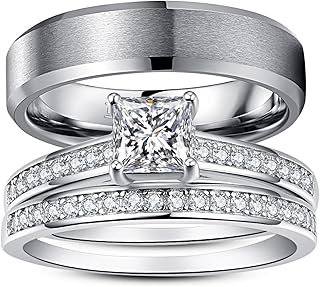 Promise Rings for Couple - Princess Cut Fake Engagement Ring Set & Men's Tungsten Ring - Wedding Rings for Him and Her