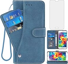 Compatible with Samsung Galaxy S5 Wallet Case and Tempered Glass Screen Protector Flip Cover Card Holder Stand Cell Accessories Phone Cases for Glaxay S 5 Neo Gaxaly 5S Galaxies GS5 G900A G900T Blue