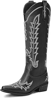 Rivalran Cowboy Boots for Women - Knee High Pointed Toe Chunky Heel Pull On Zipper Western Cowgirl Boots, Retro Country Vintage Fashion Tall Boots