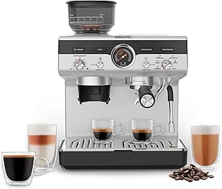 Precision Espresso Coffee Machine with Grinder, Latte & Cappuccino Maker, Pump Pressure + Milk Frother Steam Wand, Adjustable Grind Settings for Barista-Quality Results, Stainless Steel & Black