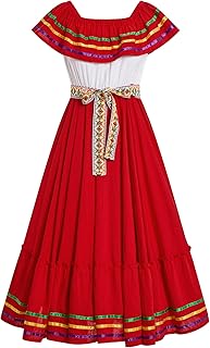 Womens Cinco De Mayo Fiesta Mexican Traditional Folk Ruffle Drape Dress with Belt