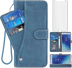 Compatible with Samsung Galaxy J7 Star J 7 Crown 7J Refine 2018 J7V V 2nd Gen Wallet Case and Tempered Glass Screen Protector Flip Cover Card Holder Phone Cases for Glaxay Aura S767VL SM J737V Blue