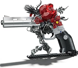 Red Rose Petal Flower Gun Building Blocks,Compatible with Lego Revolver, Creative Mechanical Pistol Model, DIY Collectible Desk Decor Display Valentine's Day Gift for Adults and Teens