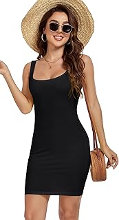 Women's Summer Tank Dresses Square Neck Backless Sleeveless Dress Slim Fit Cotton Bodycon Club Party Mini Dresses