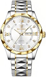 Luxury Men's and Women's Business Diamond Stainless Steel Waterproof Roman Numeral Analog Quartz Watch with Day-Date Calendar, Gold and Silver Tone