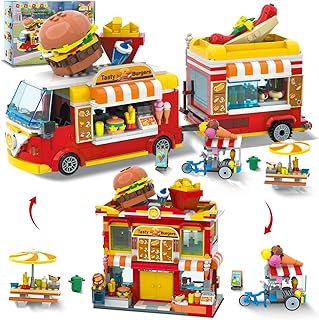 City Burger Truck House Building Toy - 2 in 1 Burger Van and Restaurant Building Blocks Set Mobile Ice Cream Food Cart Tables Restaurant Playset Valentines Gift for Kids Boys Girls 6+(826PCS)