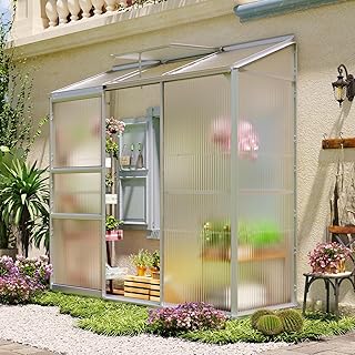 6x2ft Lean-to Polycarbonate Greenhouse, Small Walk-in Greenhouse, with Adjustable Roof Vent, Rain Gutter and Sliding Door, Outdoor Green House for Terrace, Backyard Sliver