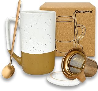 Gencywe Ceramics Large Tea Cup with Loose Leaf Infuser, Spoon and Lid, 16 oz Tall Coffee Mug, Microwave and Dishwasher Safe, Rustic Matte Ceramic Glaze, Tea Strainer, Amber
