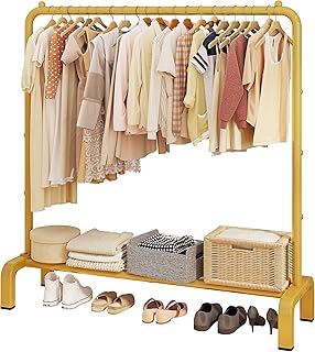 JIUYOTREE Metal 43.3 Inches Garment Rack with Bottom Shelf Clothing Rack for Hanging Clothes Coats Skirts Shirts Sweaters Gold