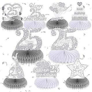 9Pcs 25th Wedding Anniversary Decorations 25th Silver Wedding Anniversary Honeycomb Centerpiece Silver Wedding Anniversary Table Toppers Honeycomb Decorations