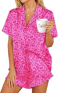 HOTOUCH Womens Satin Pajamas Set Button Down 2 Piece Silk Pjs Shorts Set Ruffle Lingerie Notch Collar Sleepwear