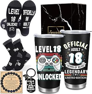 18th Birthday Gifts for Boys, 5Pcs 18 Year Old Boy Birthday Gifts Ideas with 20oz Tumbler, Funny Socks, Keychain, Bracelets, Greeting Cards, 18st Gamer Presents for Son Grandson Nephew Brother