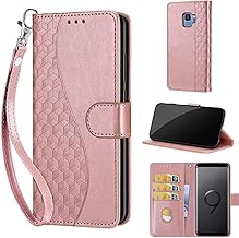 Designed for Samsung Galaxy S9 Case Wallet,Women Flip Folio Cover with Embossed PU Leather Stand Credit Card Holders Slots Wrist Strap Phone Case for Samsung S9 5.8 Inch (Rose Gold)