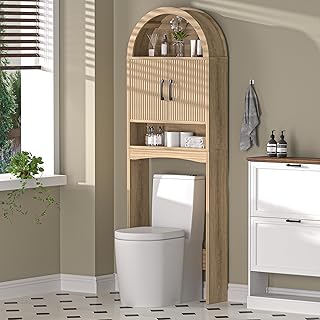 AHB Over The Toilet Storage Cabinet, Freestanding Bathroom Organizer with Adjustable Shelf and Anti-Tip Device, Arched Cabinet with Doors, Space-Saving Toilet Storage for Bathroom, Laundry, Mini Bar