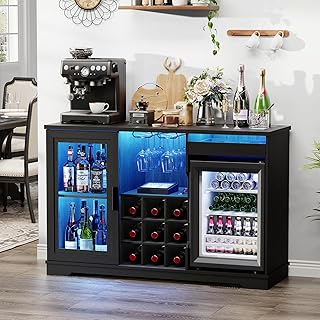 BROTTAR Coffee Bar Cabinet with Fridge (Fridge Included), Large Liquor Bar Cabinet with LED Lights, Glass Holder & Wine Rack, Wine Cabinet with Human Body Sensor, Buffet Sideboard for Home, Black