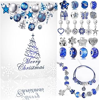 Advent Calendar 2025 for Women - Blue Jewelry Set Christmas Countdown-Inclued Blue Snowflake Metal Charms Beads DIY Necklaces Bracelets Making Kit Jewelry Surprise Gifts