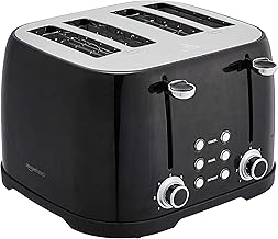 Amazon Basics 4 Slice Toaster with 4 Slots, 6 Browning Settings, Defrost, Removable Crumb Tray, Bagel Function, Cancel Button, 1600W, Black