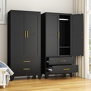 GAIOUS Steel Armoire Wardrobe Closet, 71" Metal Clothing Storage Cabinets with 2 Doors, 1 Adjustable Shelf and 2 Drawers, Metal Wardrobe Cabinet with Hanging Rod for Bedroom, Gym, Cloak Room (Black)