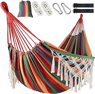 Posprica Brazilian Style Double Hammock with Fringe, 2 Person Patio Hammock for Backyard & Indoor Relaxation, Soft Breathable Fabric, Easy Setup with Straps & Carry Bag, 360 lbs Capacity