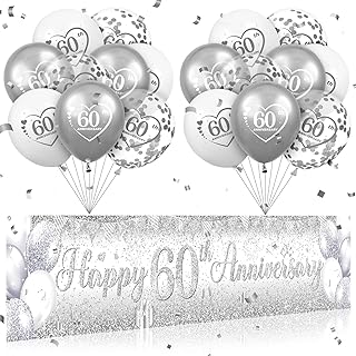 Silver 60th Wedding Anniversary Decorations for Men Women Silver Happy 60th Anniversary Banner and 18Pcs Balloons for 60 Years Wedding Party Decoration Supplies