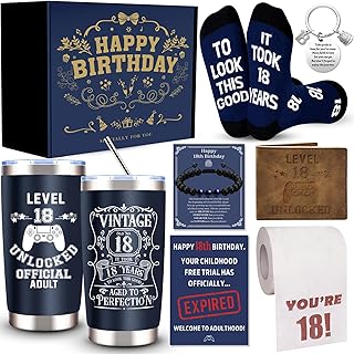 8 Pcs Happy 18th Birthday Gifts for Boys, 18 Year Old Boy Birthday Gifts Ideas with 20 Oz Tumbler, Funny Socks, Toilet Paper, Bracelet, Teen Boys Wallet, Keychain for Son, Nephew, Grandson, Brother