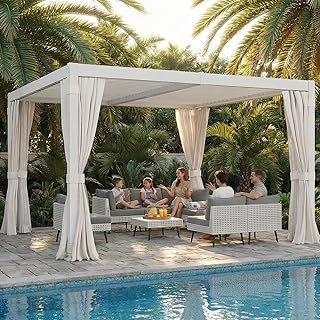 10x12 FT Louvered Pergola with Curtains and Mesh Screens, All-Aluminum Outdoor Pergola with Adjustable Louvers Roof, Gutter System & Year-Round Weatherproof Design for Patio, Deck, Backyard