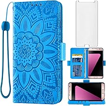 Asuwish Phone Case for Samsung Galaxy S7 with Tempered Glass Screen Protector and Flower Leather Wallet Flip Cover Credit Card Holder Cell Accessories Glaxay S 7 7s GS7 SM-G930V G930A Women Men Blue