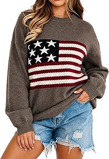 Women American Flag Sweater Long Sleeve Crewneck Graphic USA Sweatshirt Loose Fit Knit Pullover
