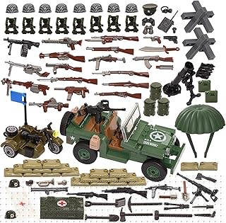 WW2 Military Vehicles Weapons Pack 282 Pieces Army Building Block Toy Set WWII Car Tricycle Gear Helmets Vests Tools Bricks Model Compatible with Soldier Figures for Ages 4+