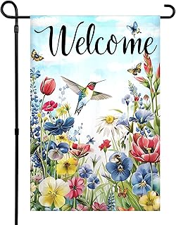 Welcome Spring Garden Flag 12x18 Inch Double-Sided Wildflower Hummingbird Spring Decor Seasonal Welcome Flags for Houses, Porches, Farmhouses, Yards, Terraces, Lawns Indoor and Outdoor No Flagstand