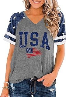 American Flag Shirts Women Patriotic Shirt 4th of July Tee Tops V-Neck Short Sleeve Summer T-Shirt