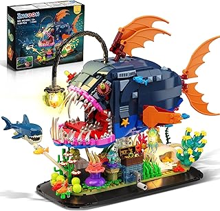 Mechanical Angler Fish Building Set with Lights, Movable Lantern Fish Building Blocks Toy with Shark Jellyfish, 1139 PCS Ocean Animal Building Kit, Home Decor Gift for Adults Teens Boys 12+
