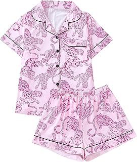 WDIRARA Women's Two Piece Animal Print Short Sleeve Button Shirt and Elastic Waist Shorts Pajama Set