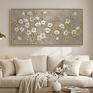 Large Framed Neutral Botanical Wall Art for Living Room, Rustic Elegant Magnolia Floral Canvas Prints Paintings, White Flower with Gold Branches Pictures for Dining Room Office Wall Decor, 60x30 Inch