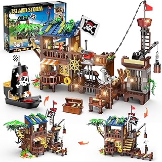 Pirate Ship House Building Set with LED Light - 3 Style Modes Pirate Wharf Supply Center Building Block Set, 781PCS STEM Bricks Kit for Kids Girls Boys Ages 6-12+ Valentines Gifts