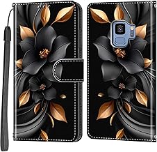 Case Wallet for Samsung Galaxy S9, [Kickstand] 3 Card Holder Stand [Shockproof TPU Interior Shell], PU Leather Magnetic Protective Flip Cover 5.8", Black Flower