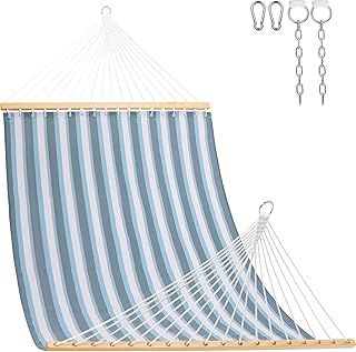 Lazy Daze Hammocks Quick Dry Hammock with Spreader Bar Textliene Fabric Double 2 Person Hammock with Chains Outdoor Patio Poolside Backyard Beach 450 lbs Capacity, Blue White Stripes