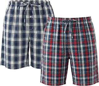 2 Pack Men's Cotton Pajama Shorts, Soft Woven Pajama Shorts for Men Plaid Pj Bottoms