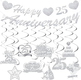 25th Wedding Anniversary Decorations Silver Happy 25th Anniversary Banner and Hanging Swirls for Silver Wedding Party Decorations