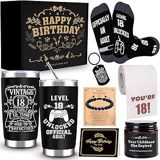 JTAMOHI 8 Pcs Happy 18th Birthday Gifts for Boys, 18 Year Old Boy Birthday Gifts Ideas with 20 Oz Tumbler, Funny Socks, Toilet Paper, Bracelet, Candles, Keychain for Son, Nephew, Grandson, Brother
